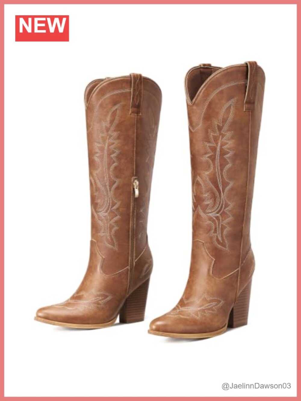 Knee High Cowgirl Boots Women Western High Heel Chunky Block Heel Side Zipper